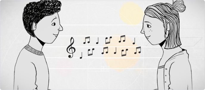 Illustration of man and woman facing each other, with music notes between them