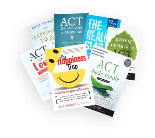 A spread of books by Russ Harris.