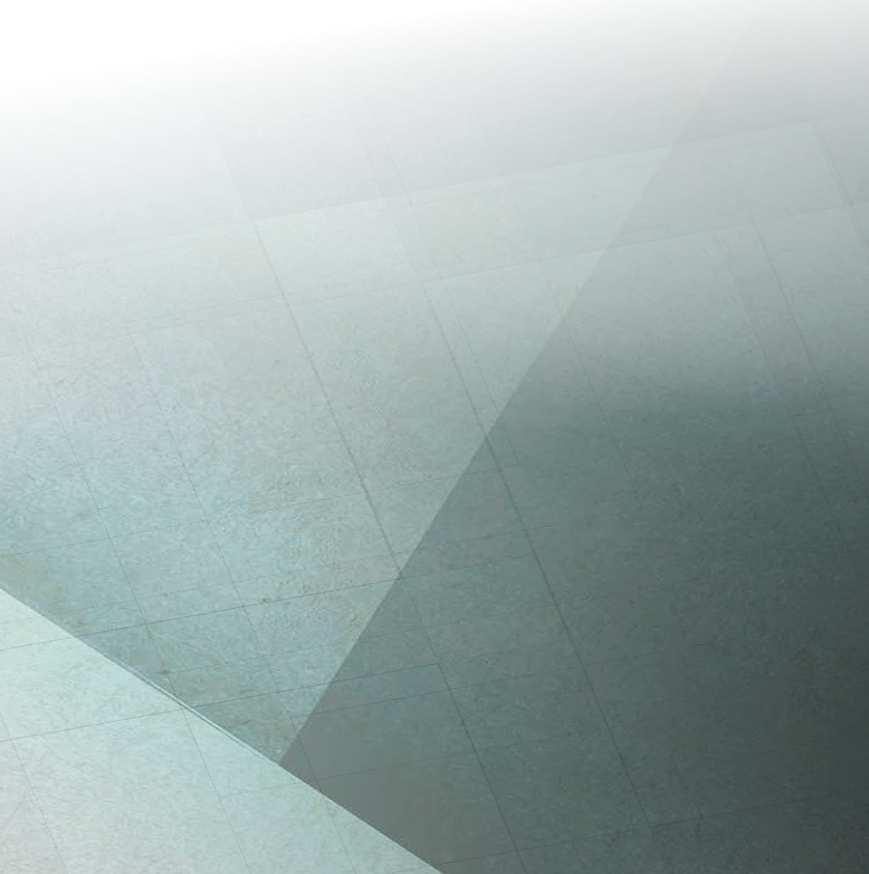 Layered translucent geometric sheets in muted green and gray tones with a subtle grid pattern.