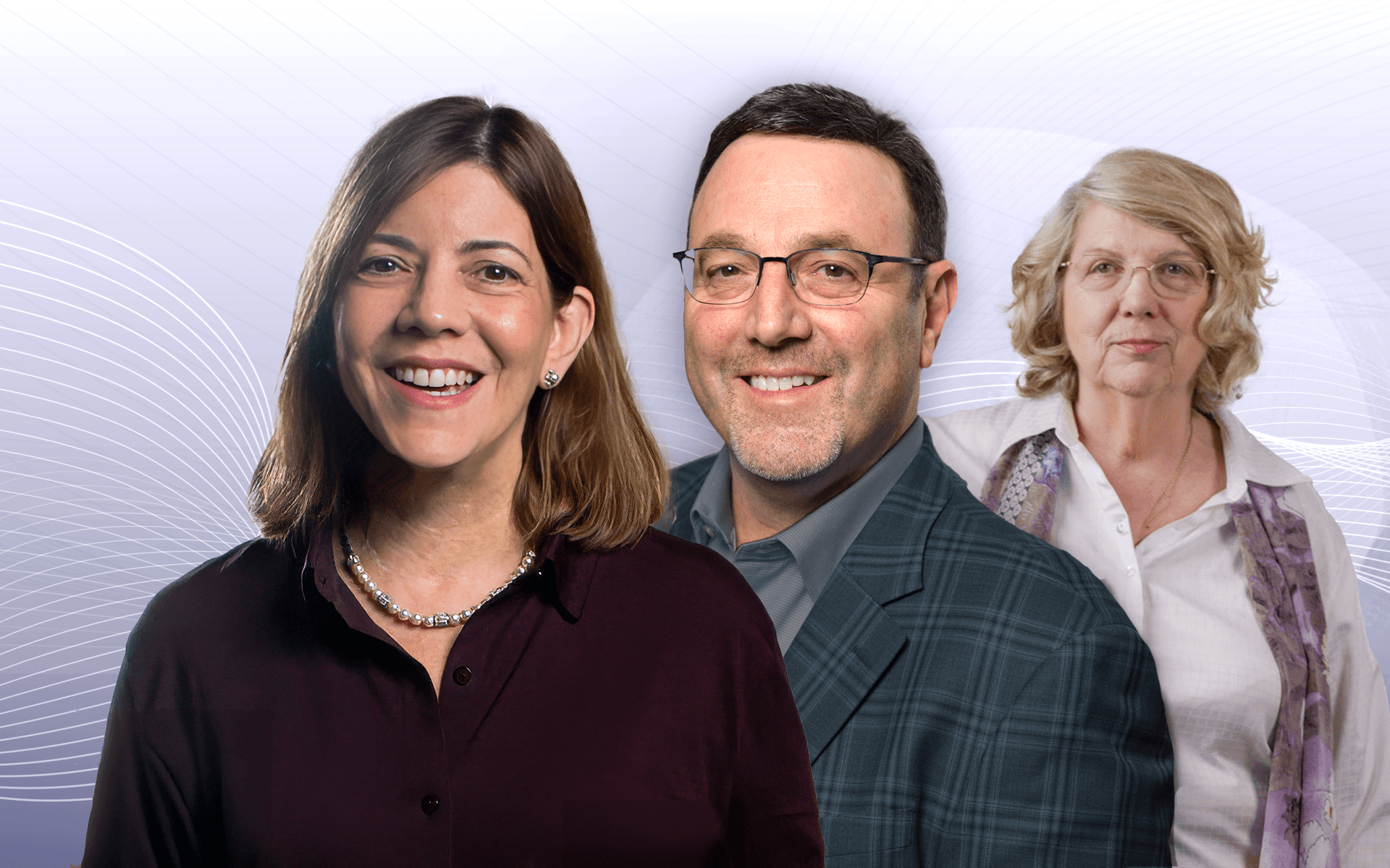 Jill Rathus, Alec Miller and Marsha Linehan are shown in the image, smiling and facing the viewer. The person on the left has medium-length brown hair and is wearing a dark shirt with a pearl necklace. The person in the center has short dark hair, glasses