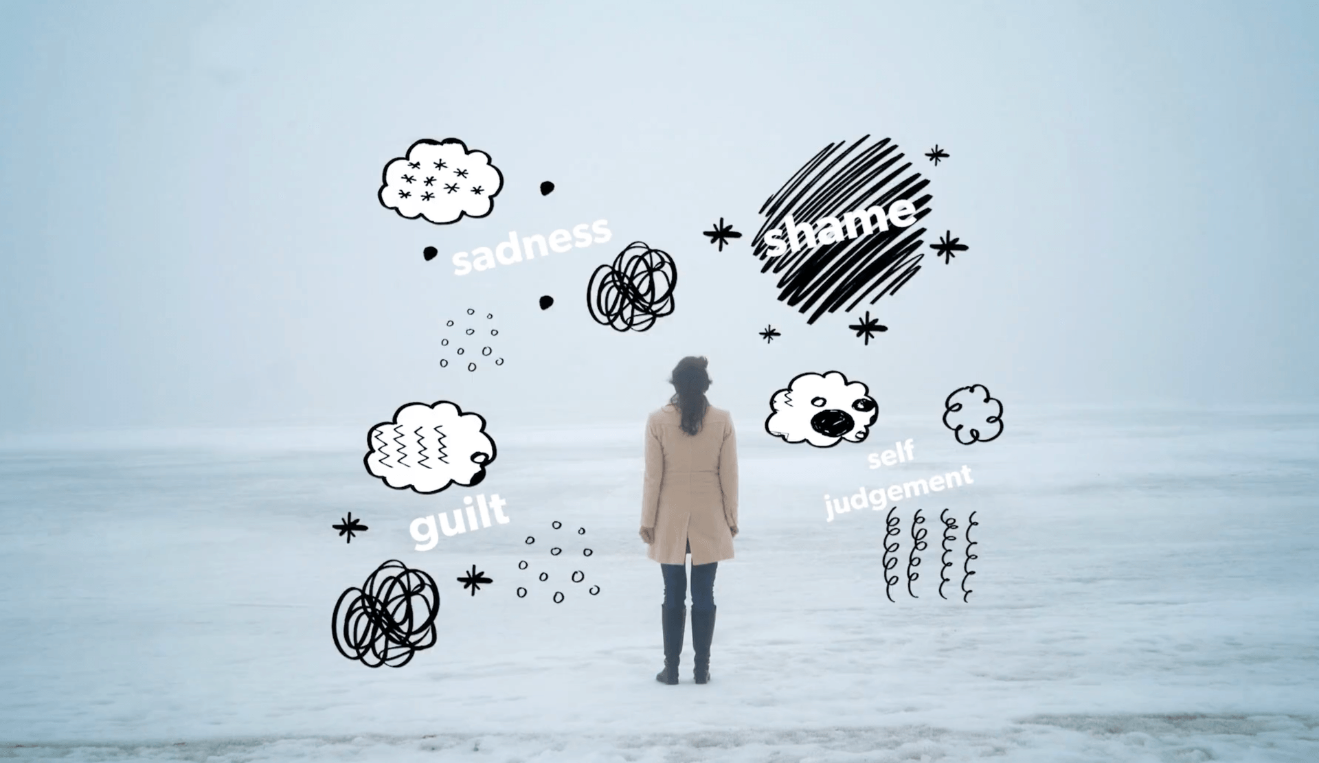 woman surrounded by clouds of guilt, shame, sadness