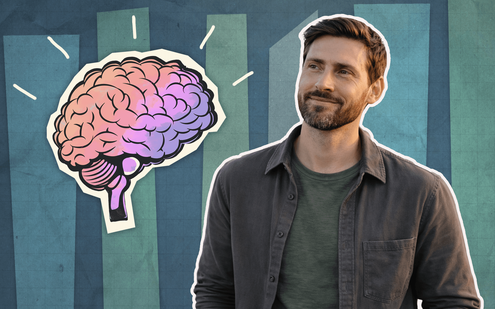 A man with short brown hair and a beard is smiling slightly, standing against a background with vertical teal shapes; a stylized drawing of a pink and purple brain is depicted to the left.
